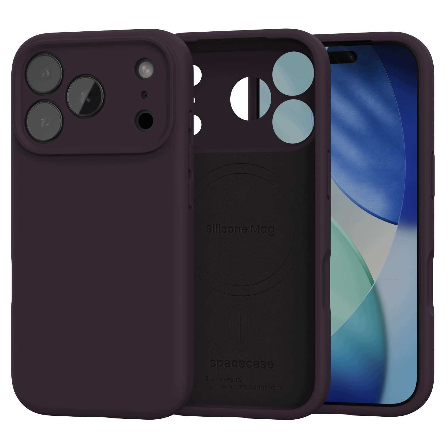 Trzy widoki ciemnofioletowego etui na iPhone'a z napisem Silicone Mag i wbudowaną osłoną aparatu.