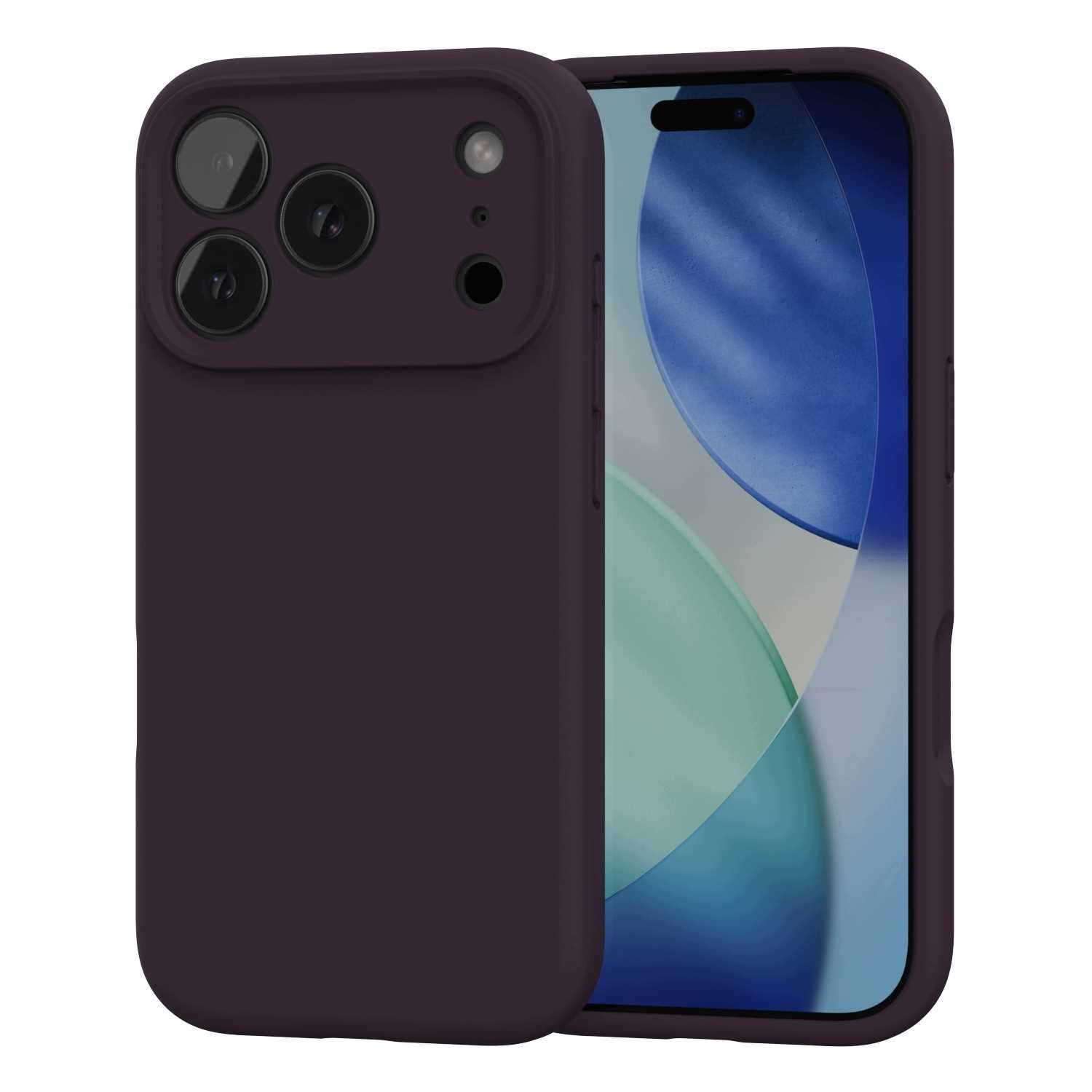 Ciemnofioletowe etui na smartfon pokazane od tyłu i przodu z aktywnym ekranem.