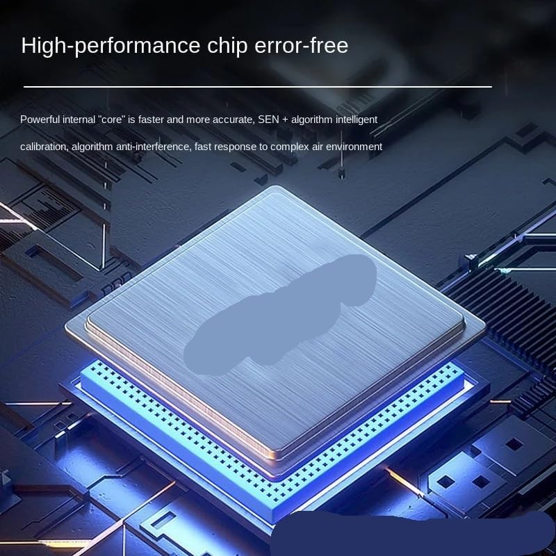 Nahaufnahme eines blauen Computerchips auf einer Platine mit Text über Hochleistung und fehlerfreie Funktionen.
