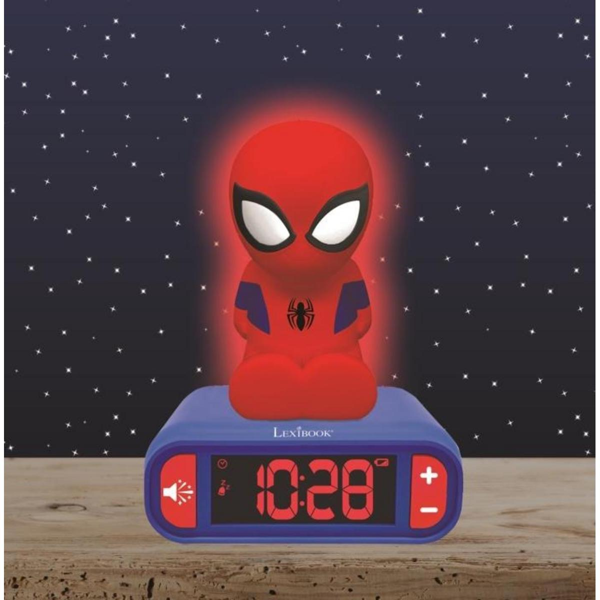 Sveglia di Spider-Man con luce notturna rossa e sfondo stellato.