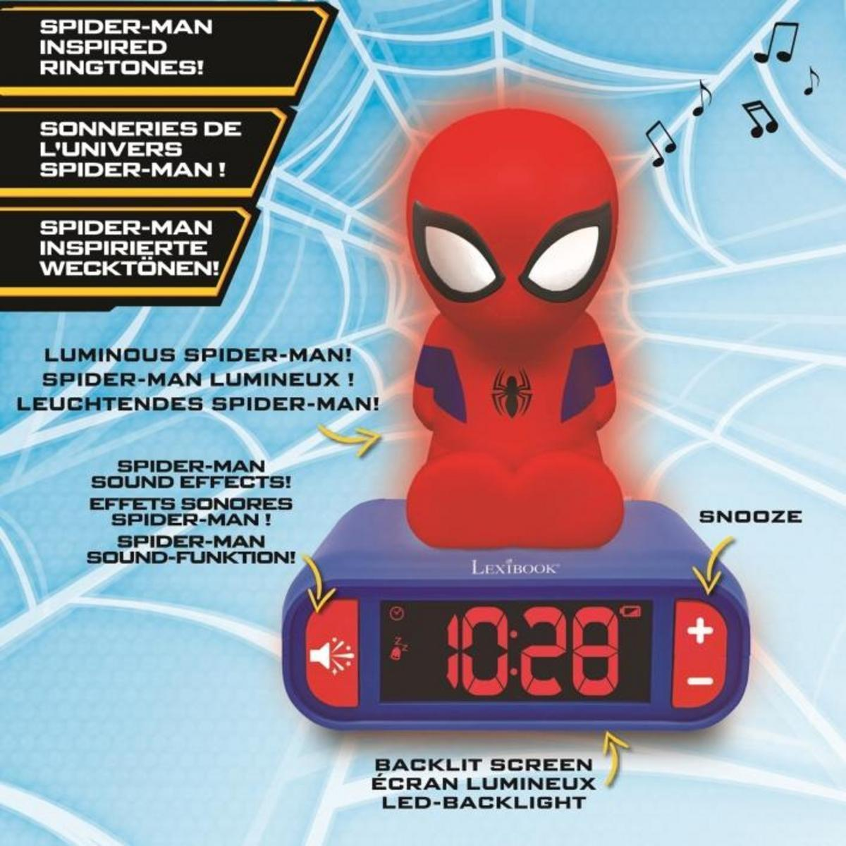 Sveglia di Spider-Man con luce notturna rossa, display digitale ed effetti sonori su sfondo blu.