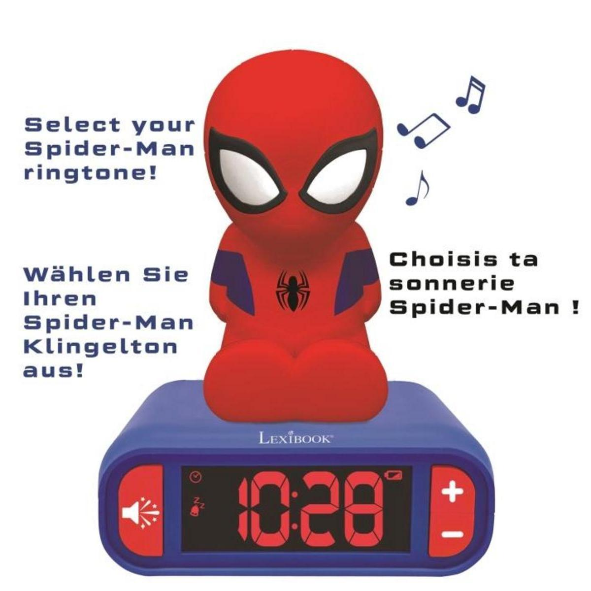 Sveglia di Spider-Man con numeri digitali rossi 10:28 su base blu e testo multilingue.
