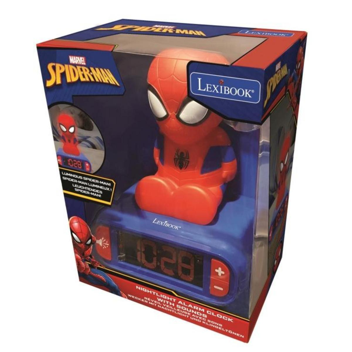 Una sveglia con luce notturna di Spider-Man in una scatola blu e rossa con display digitale.