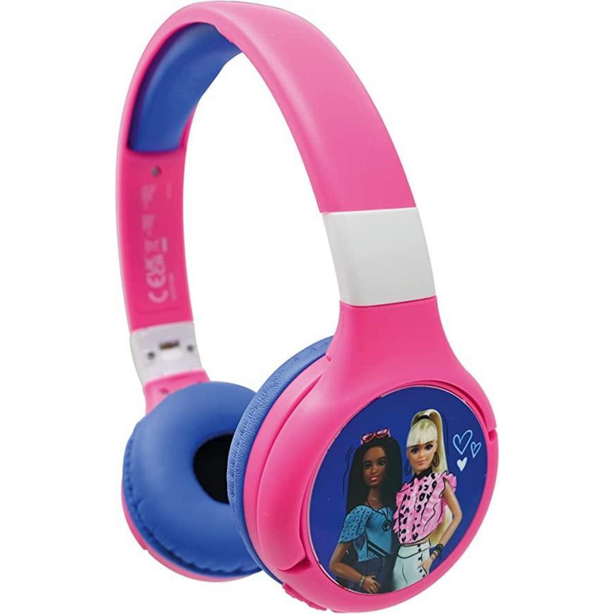Rosa und blaue On-Ear-Kopfhörer mit Barbie und ihrer Freundin auf der Ohrmuschel.