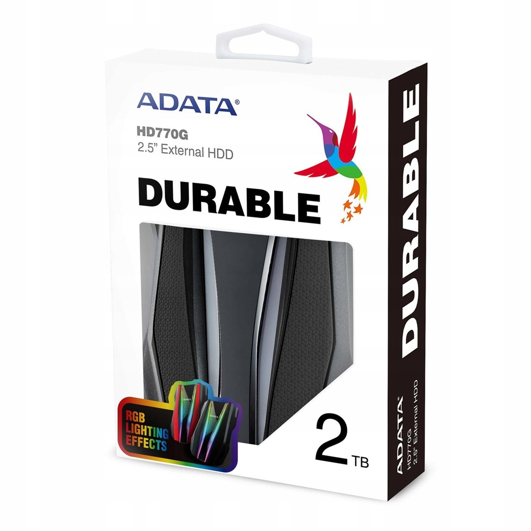 Embalaje del disco duro externo ADATA HD770G de 2.5 pulgadas con 2TB de capacidad e iluminación RGB.