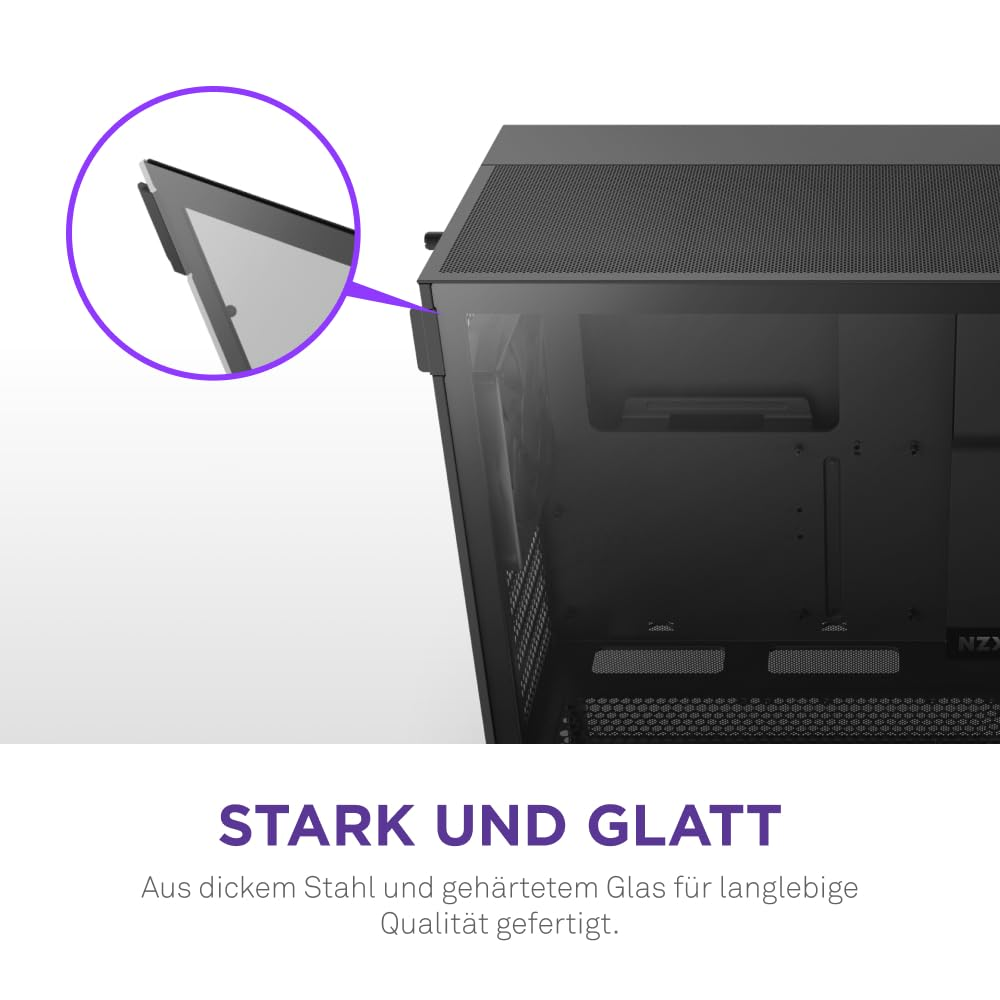 Gros plan d'un boîtier de PC noir en acier et verre trempé, avec une vue agrandie mettant en valeur son bord lisse.