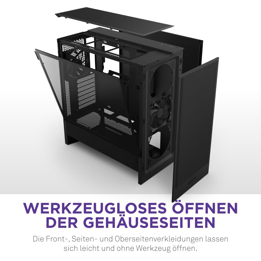 Boîtier de PC noir avec panneaux avant, latéraux et supérieur amovibles.