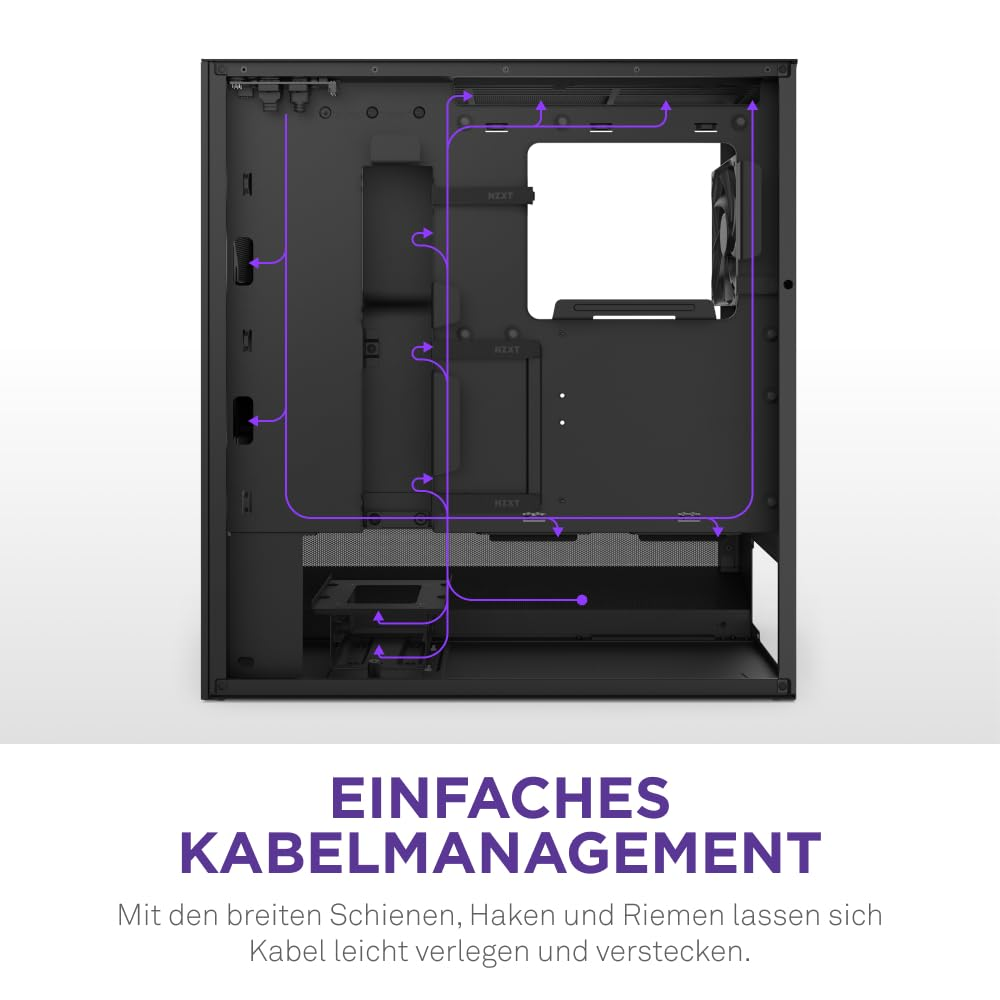 Boîtier de PC noir avec des lignes violettes illustrant le système de routage des câbles.