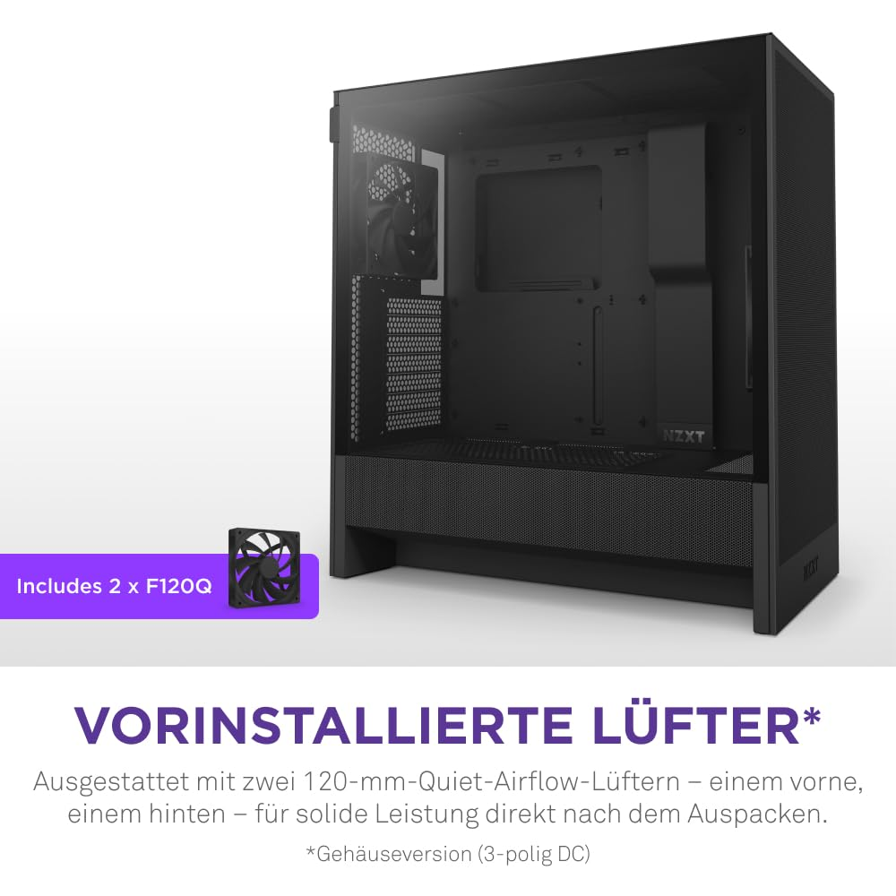 Boîtier PC noir avec vitre, texte en bas et note violette.