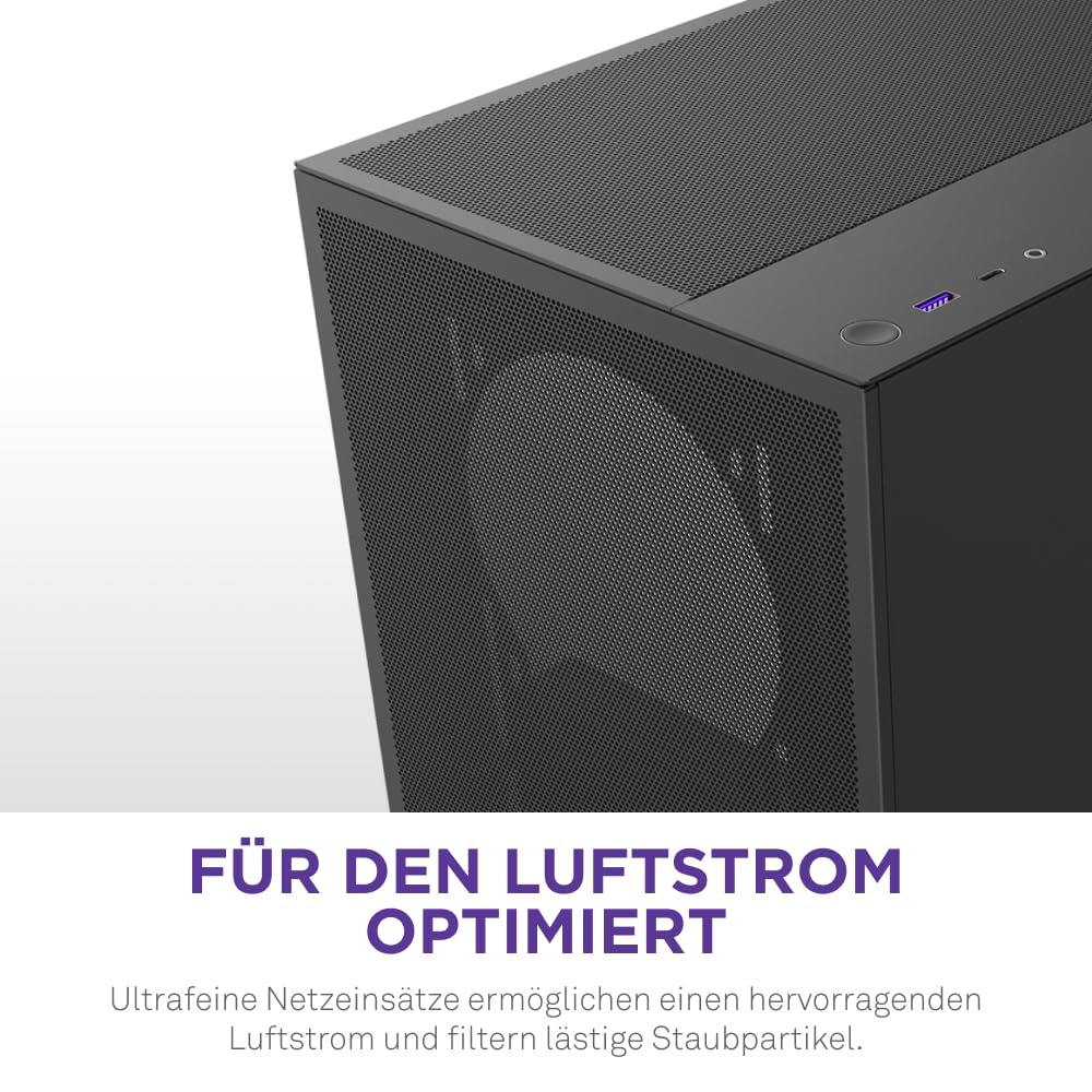 Boîtier PC noir avec façade et dessus en maille, optimisé pour le flux d'air.