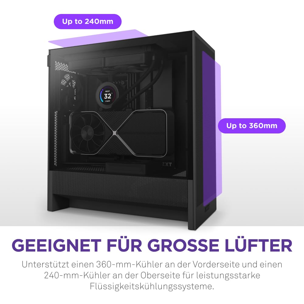 Boîtier PC noir avec composants et indicateurs violets pour radiateurs de 240 mm (haut) et 360 mm (avant).