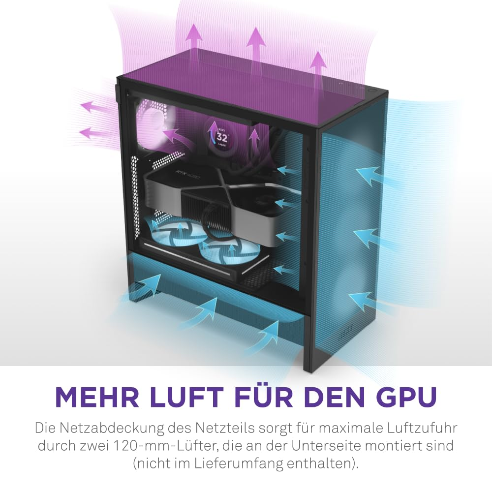 Un boitier PC avec des fleches de flux d'air bleues a l'avant et en bas, et violettes en haut et a l'arriere.