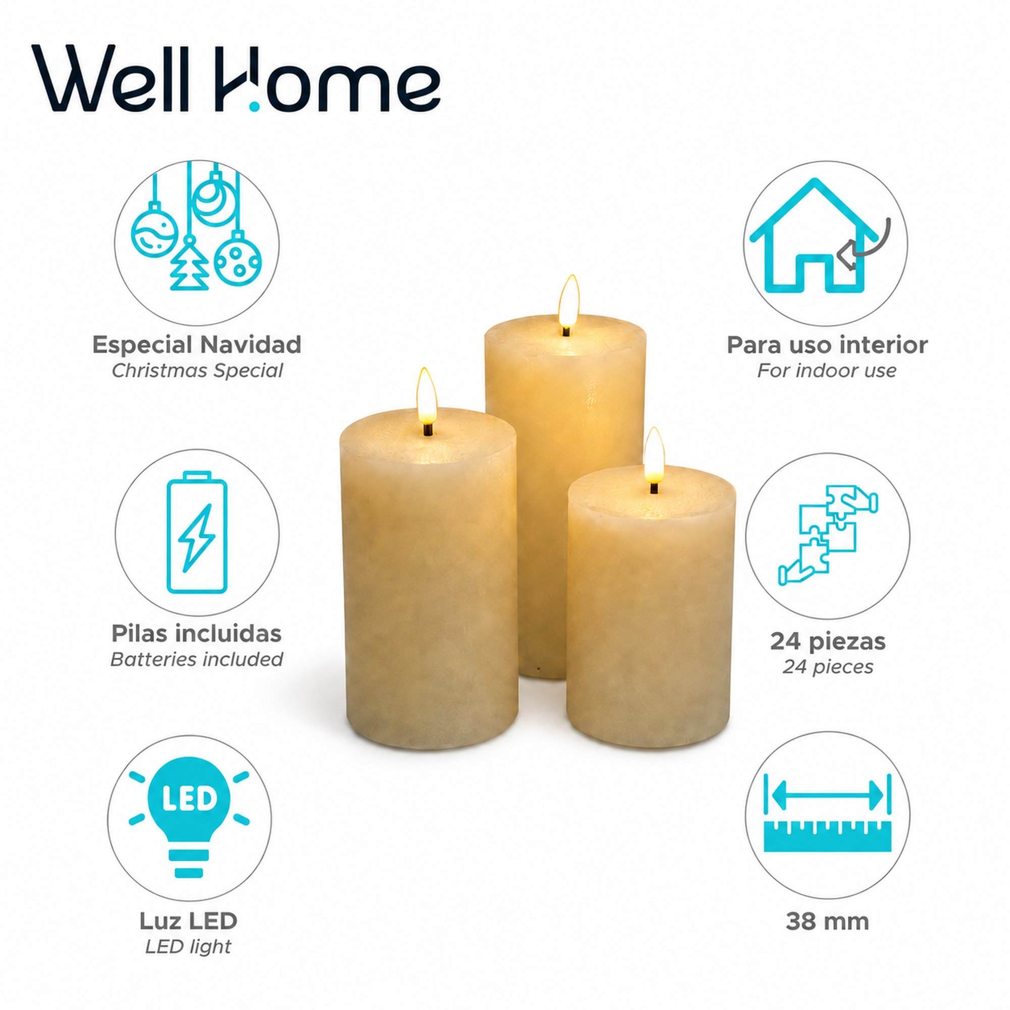 Tres velas LED beige rodeadas de iconos de características azules y el logotipo de Well Home.