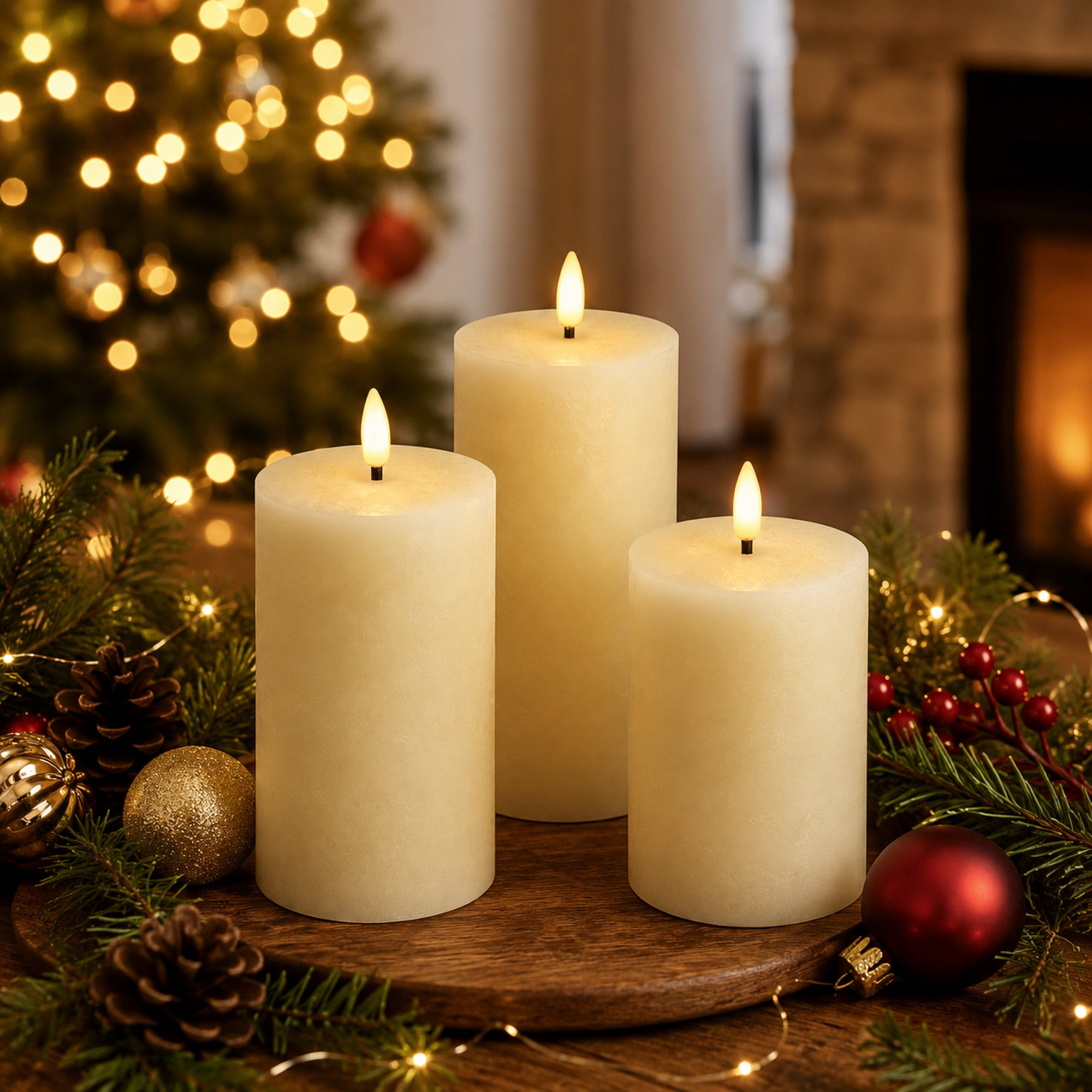 Tres velas encendidas en una bandeja de madera con ramas de pino, piñas y adornos rojos y dorados, con un árbol.