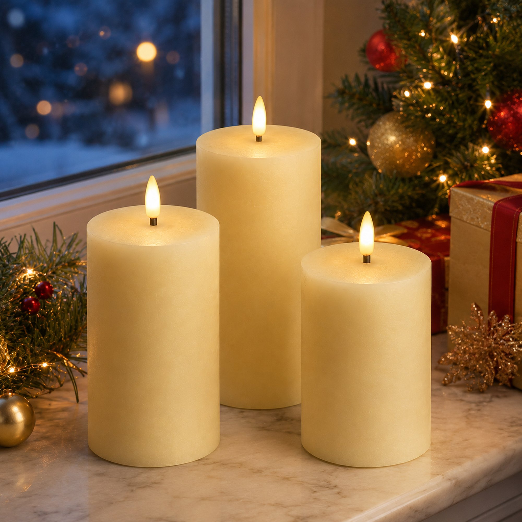 Tres velas LED de color crema están sobre el alféizar de mármol frente a un árbol de Navidad.