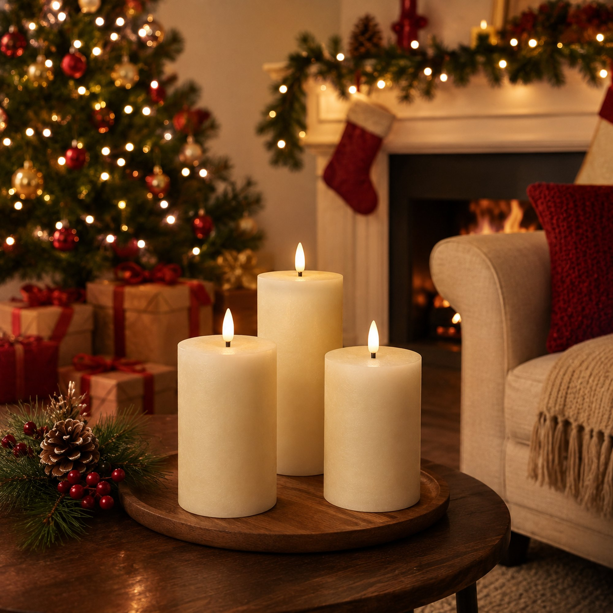 Tres velas encendidas en una bandeja de madera, con un árbol de Navidad decorado y chimenea al fondo.
