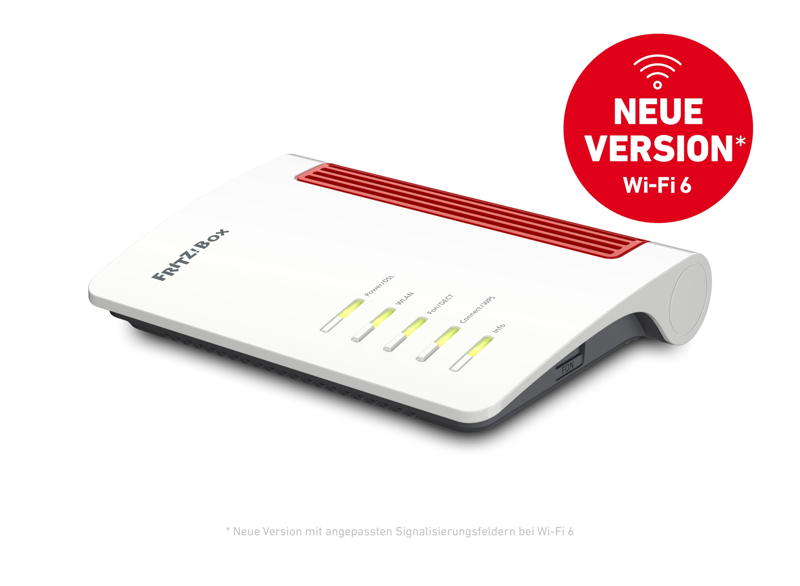 Un router FritzBox bianco e rosso con spie luminose accese e un badge promozionale Wi-Fi 6.
