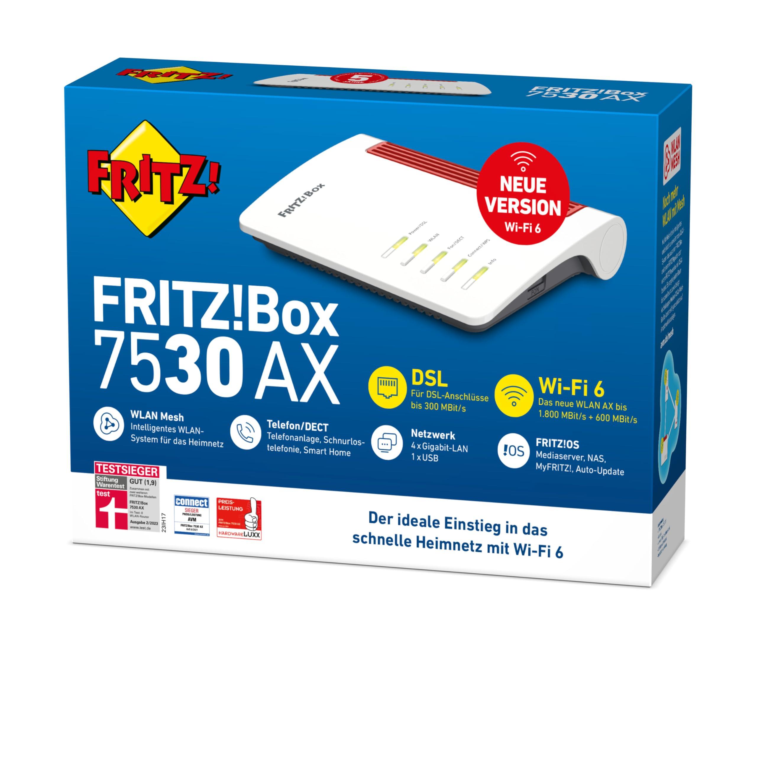 Confezione del FRITZ!Box 7530 AX, router Wi-Fi 6 bianco e rosso su scatola blu.