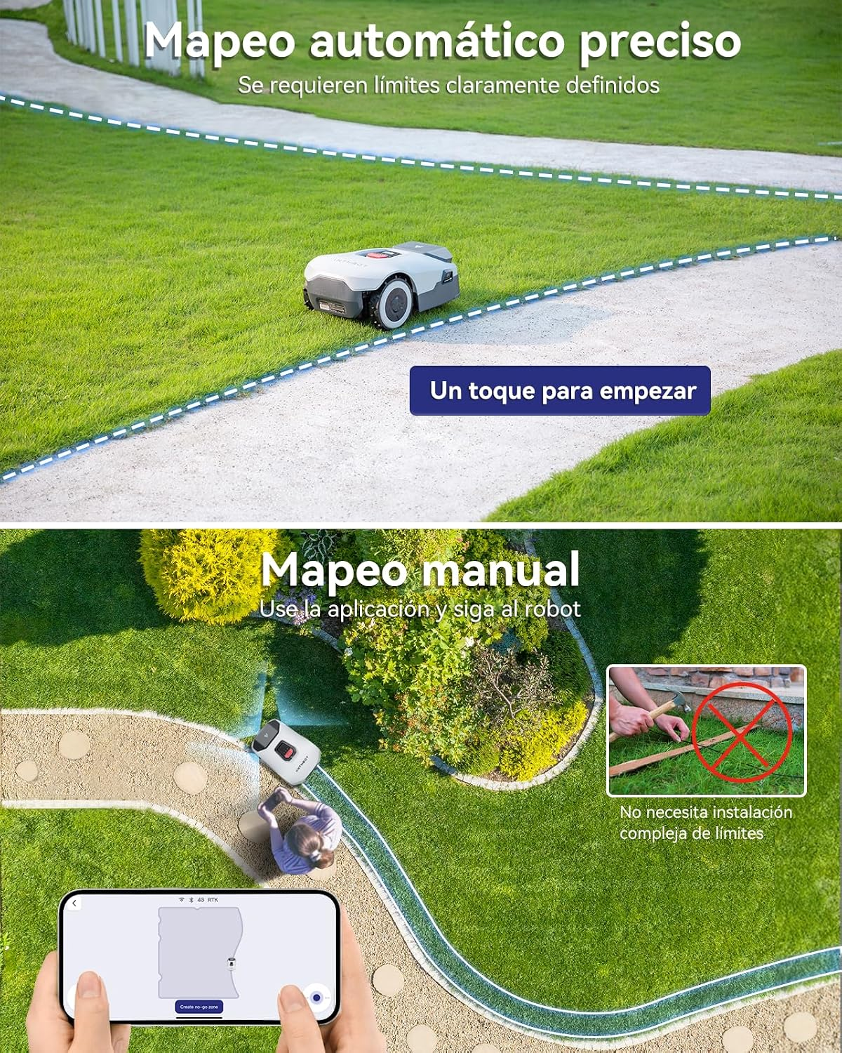 Un cortacésped robot en césped verde con mapeo automático y manual por aplicación.