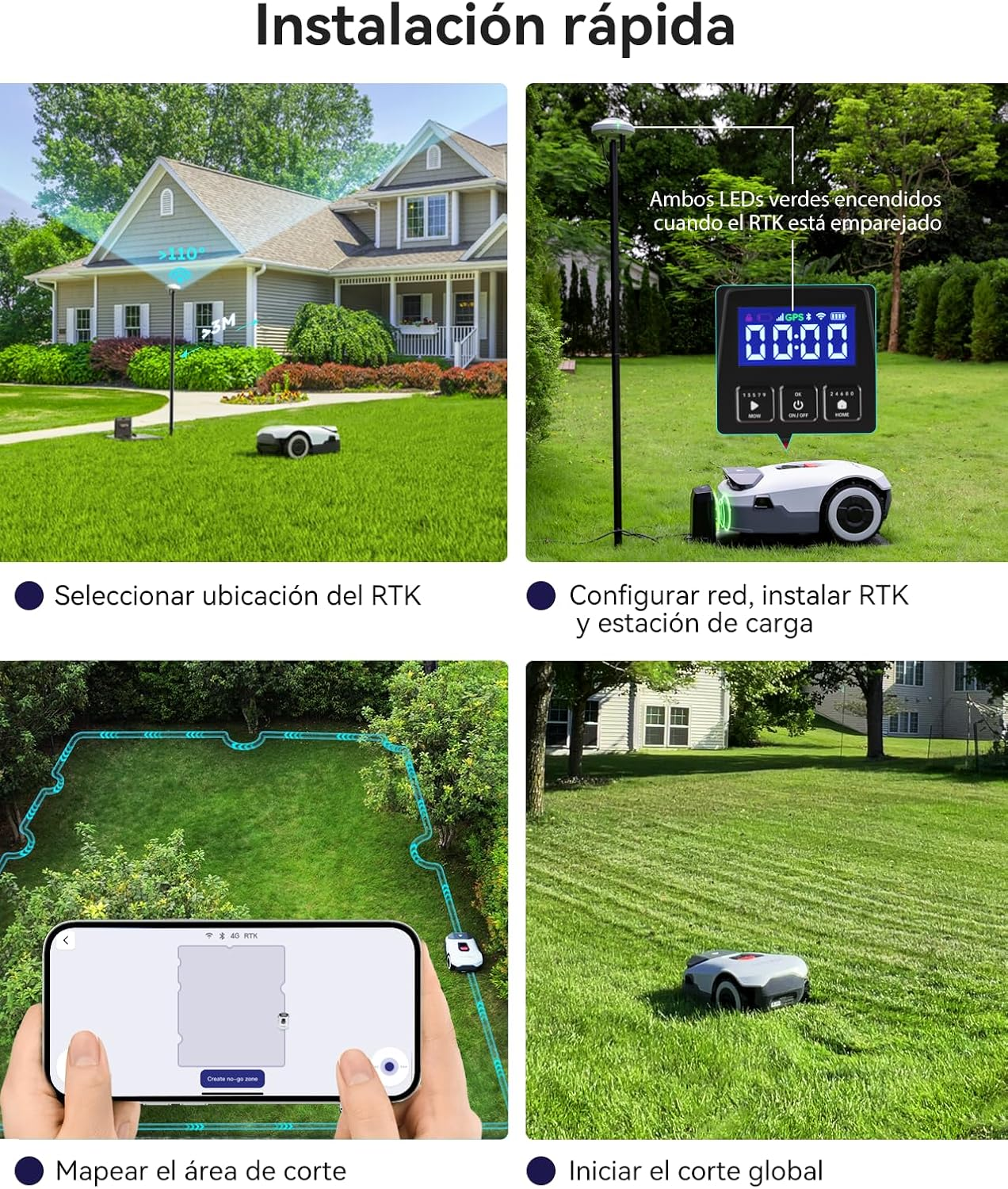 Guía de cuatro pasos para configurar el robot cortacésped RTK, incluyendo selección de ubicación, red, mapeo y corte.