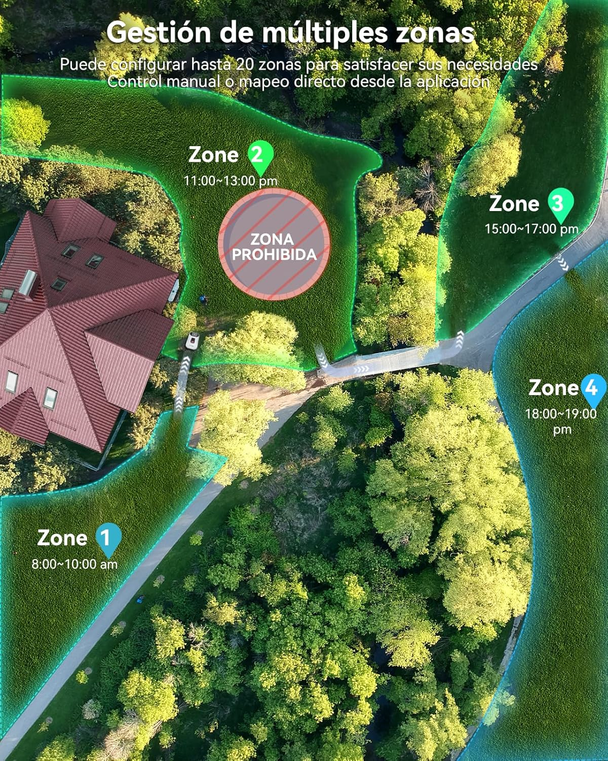 Vista aérea de una casa y jardín con zonas de colores y áreas prohibidas.