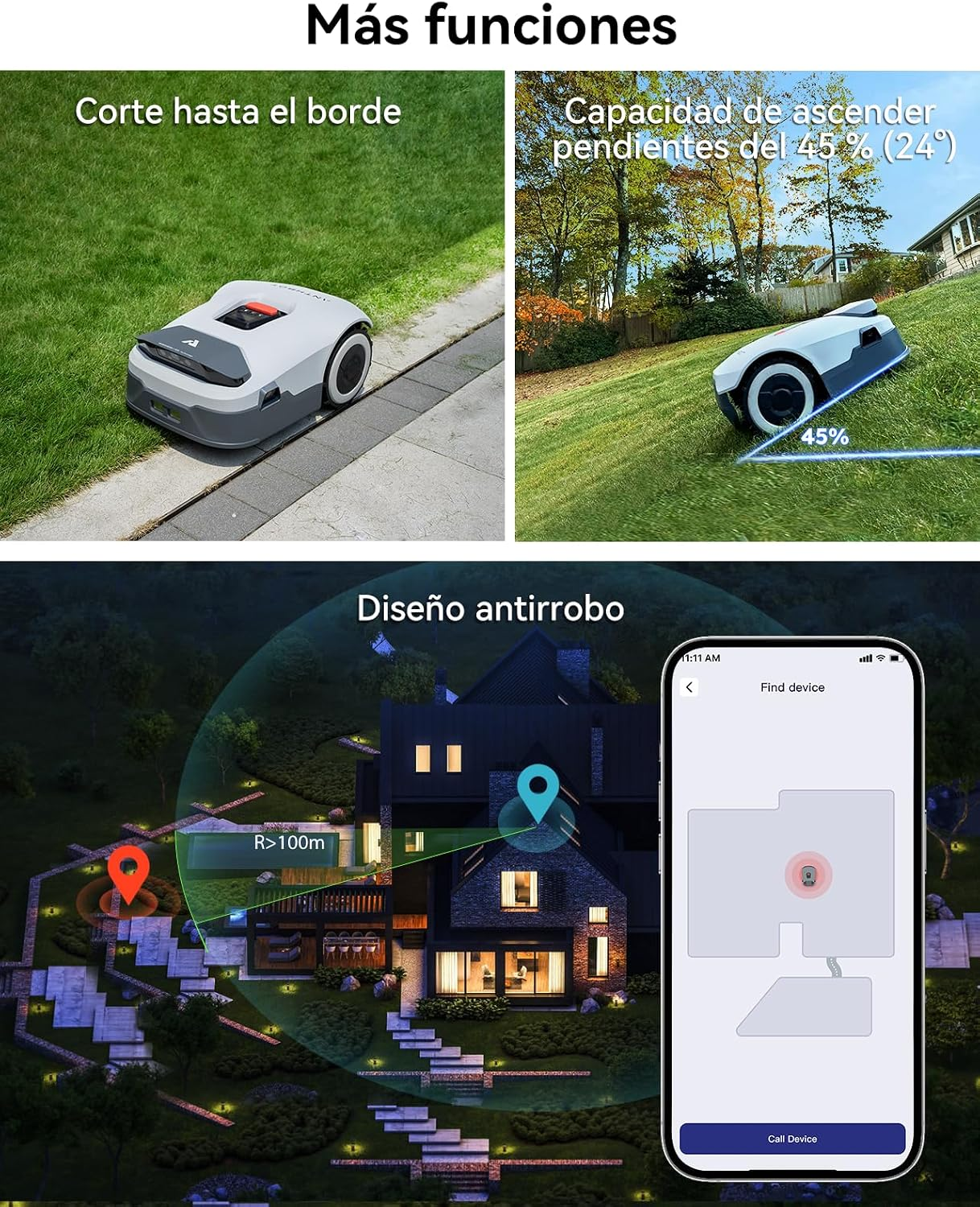 Un robot cortacésped cortando césped, subiendo pendientes y mostrando rastreo antirrobo en una app.
