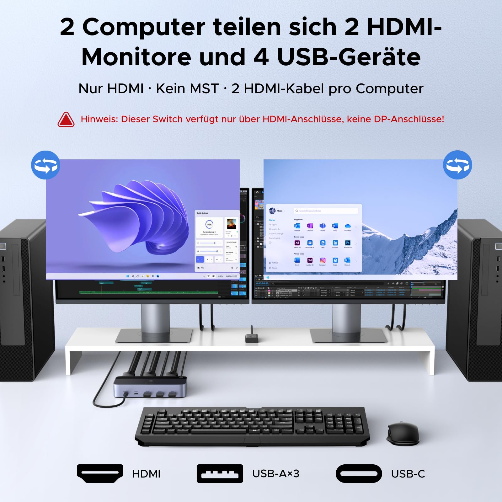 Illustrazione di due computer collegati a due monitor, una tastiera, un mouse e un hub USB.