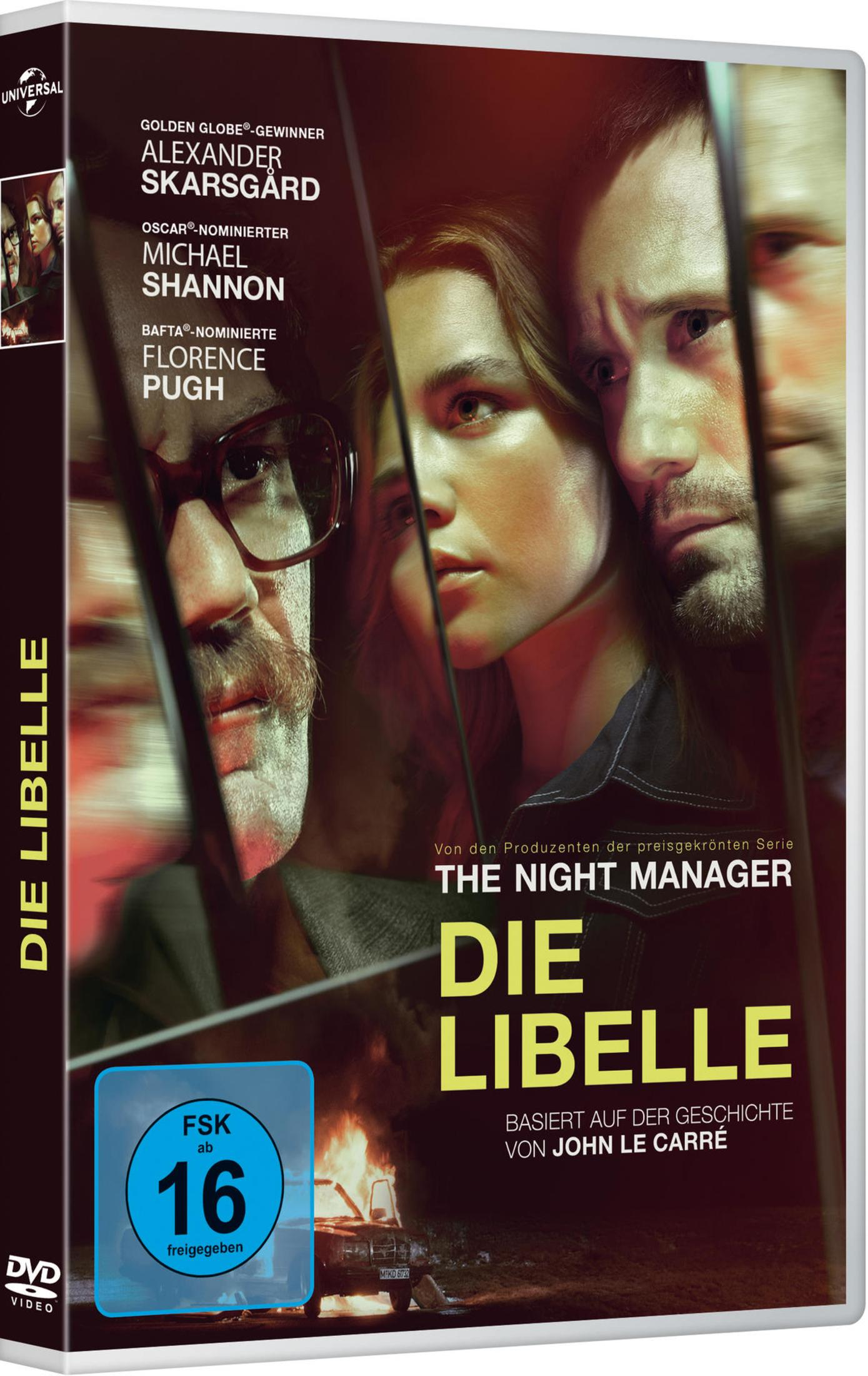 DVD-Cover von 'Die Libelle' zeigt Porträts von Alexander Skarsgård, Michael Shannon und Florence Pugh.