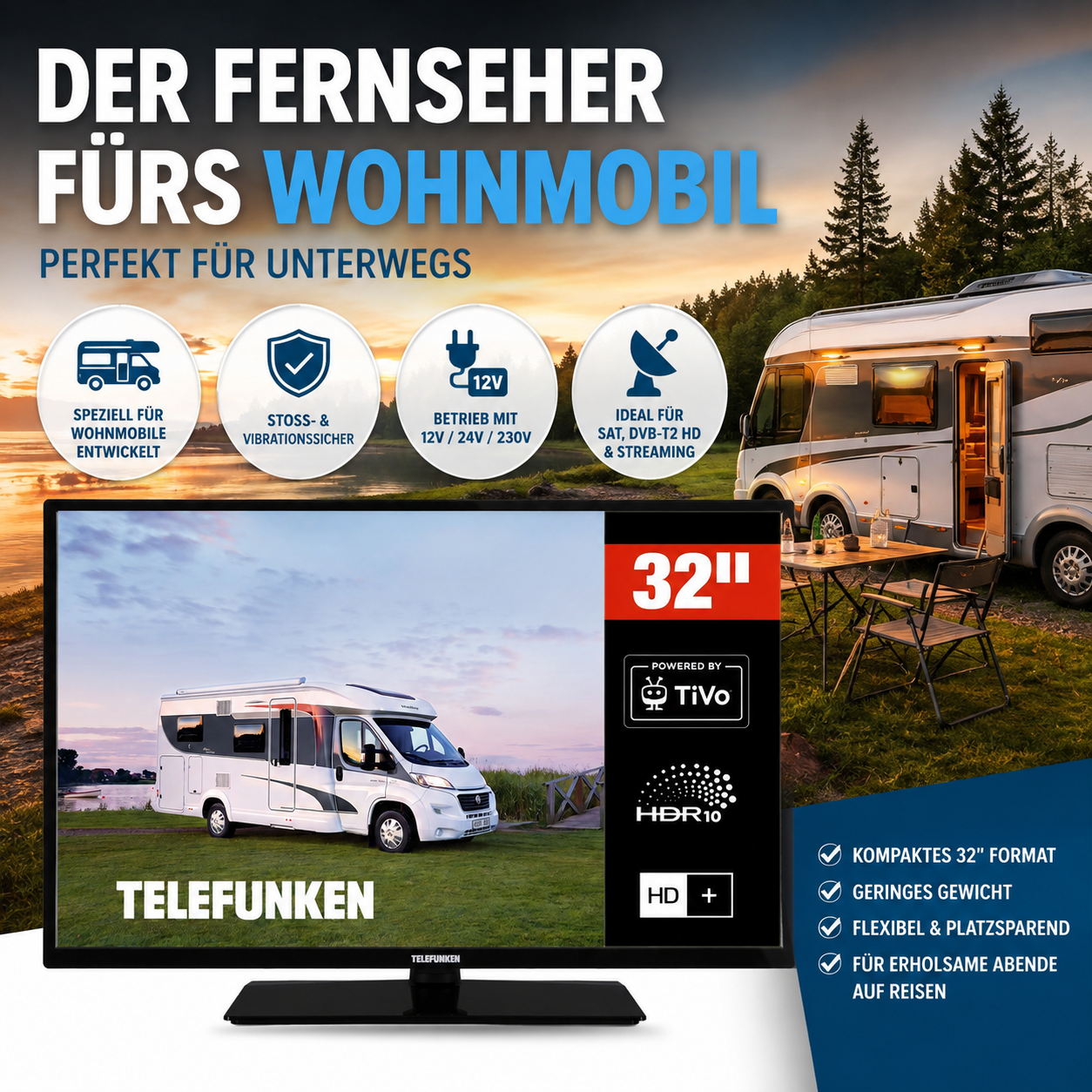Telefunken 32-Zoll-Fernseher beworben für Wohnmobile mit Symbolen für 12V und DVB-T2 vor einer Camping-Szene.
