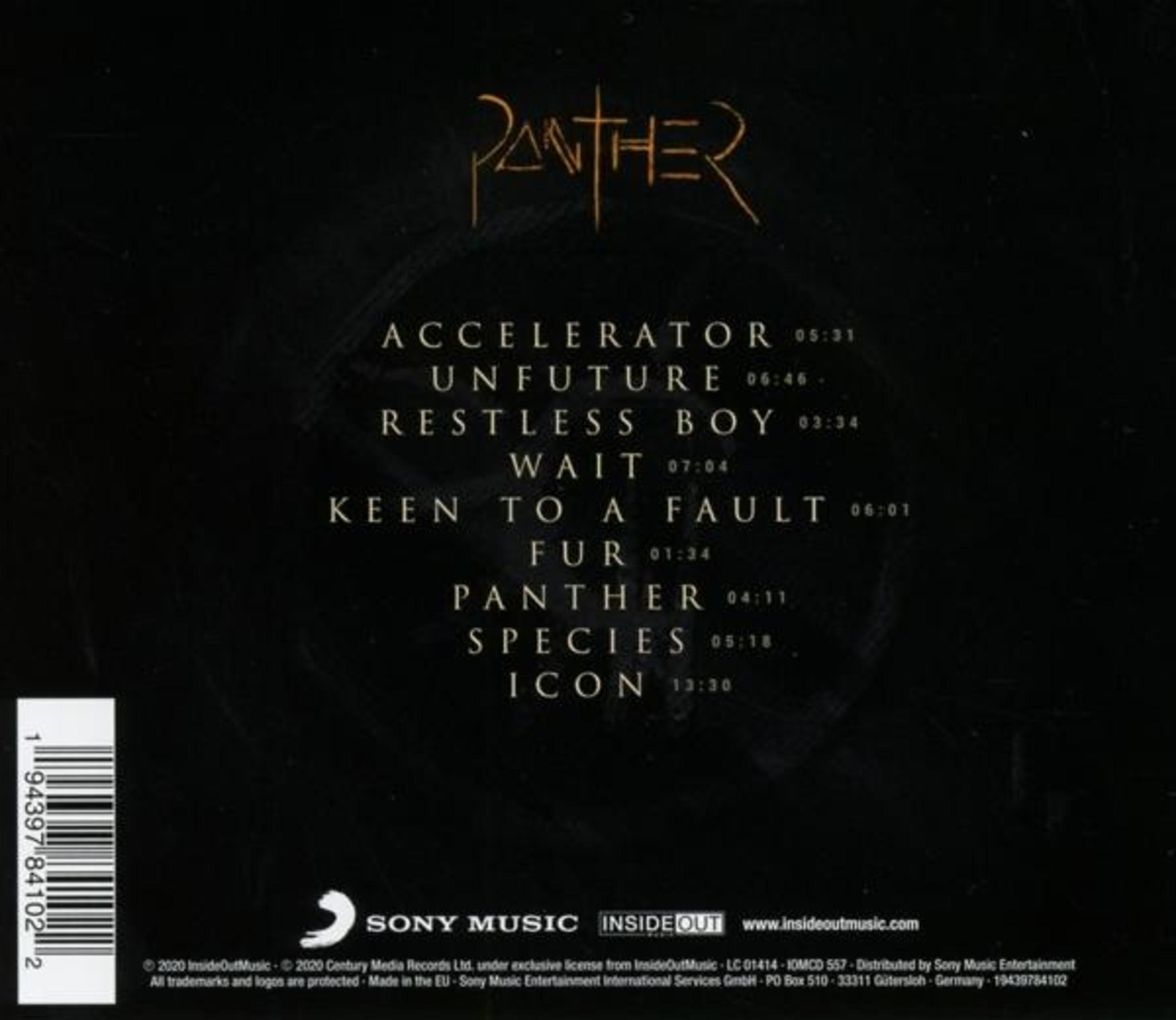 Rückseite des Panther-Albums mit Songtiteliste, Barcode und Sony Music Logo auf schwarzem Hintergrund.