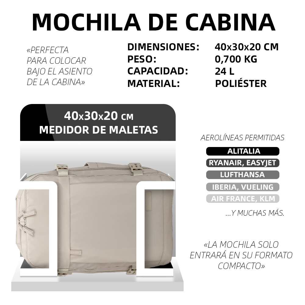 Especificaciones y dimensiones para un medidor de mochila de cabina con bolso beige.