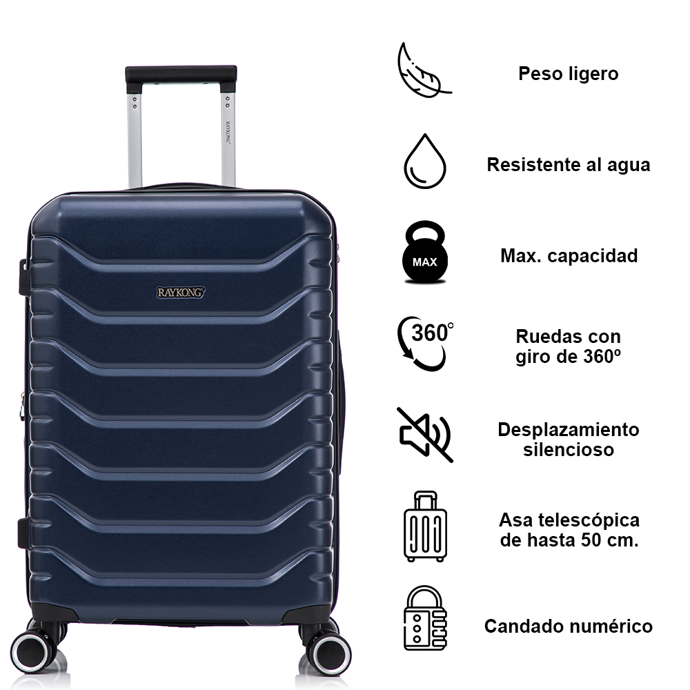Maleta azul oscura con asa telescópica e iconos de características a la derecha.