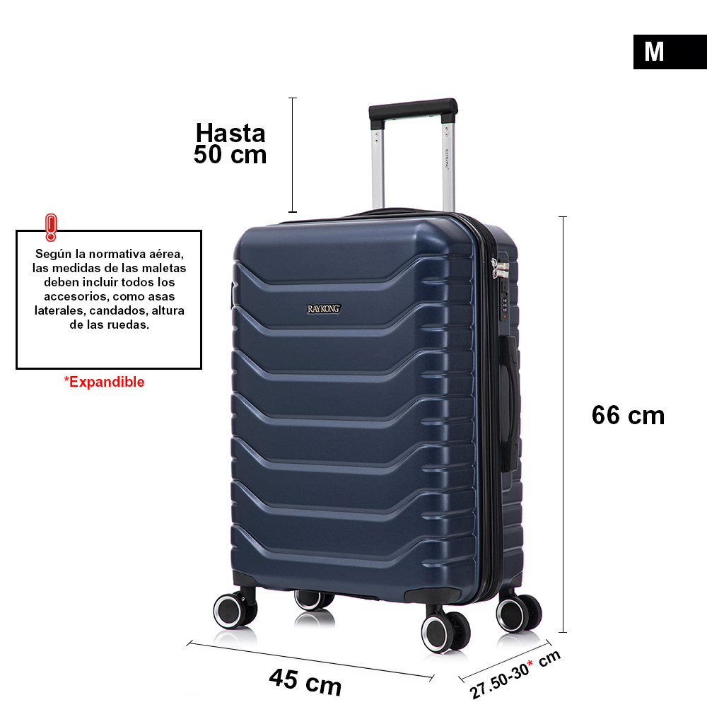 Maleta rígida azul oscuro con ruedas y medidas en centímetros sobre fondo blanco.