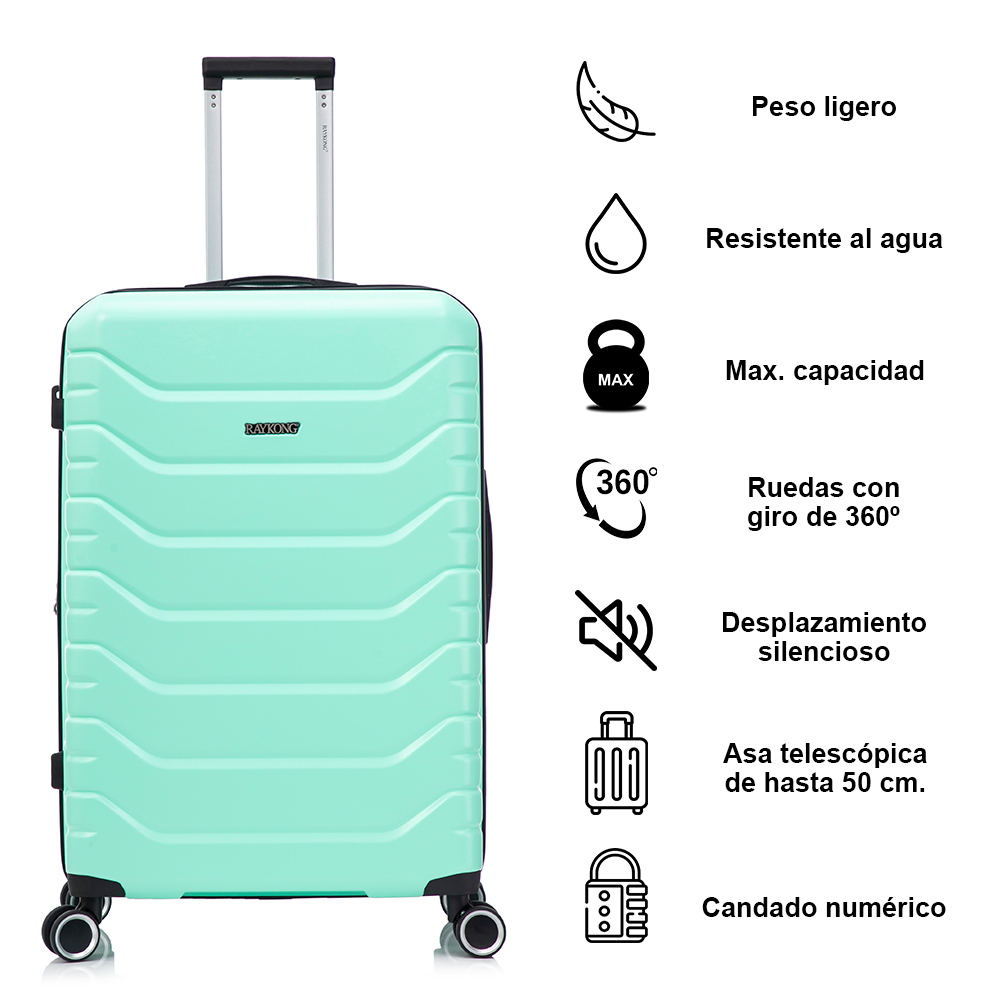 Maleta verde menta con iconos que muestran peso ligero, resistencia al agua y ruedas de 360 grados.