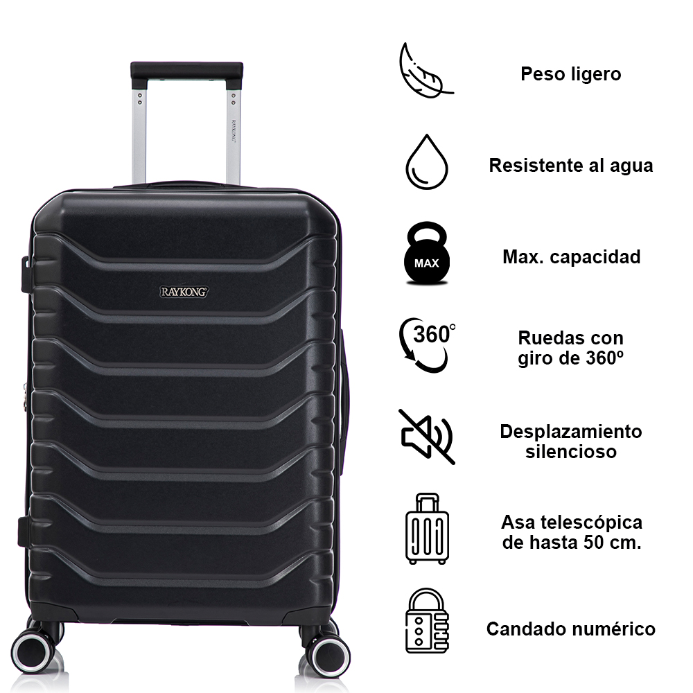 Una maleta rígida negra con asa extensible, cuatro ruedas giratorias y siete iconos de características a la derecha.