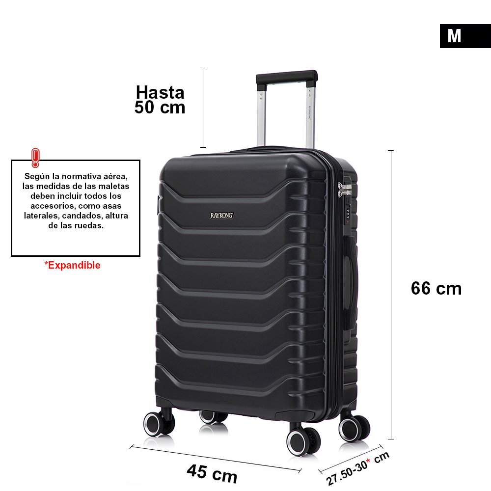 Maleta negra mediana con ruedas, asa extensible y medidas en centímetros.