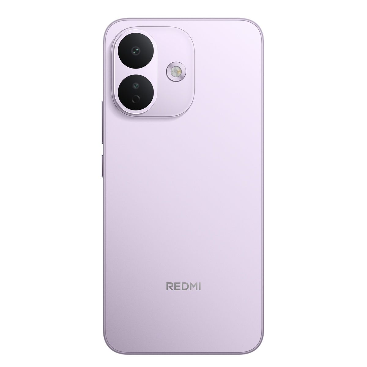 Rückseite eines hellvioletten Redmi-Smartphones mit zwei vertikalen Kameras und Blitz auf schwarzem Hintergrund.