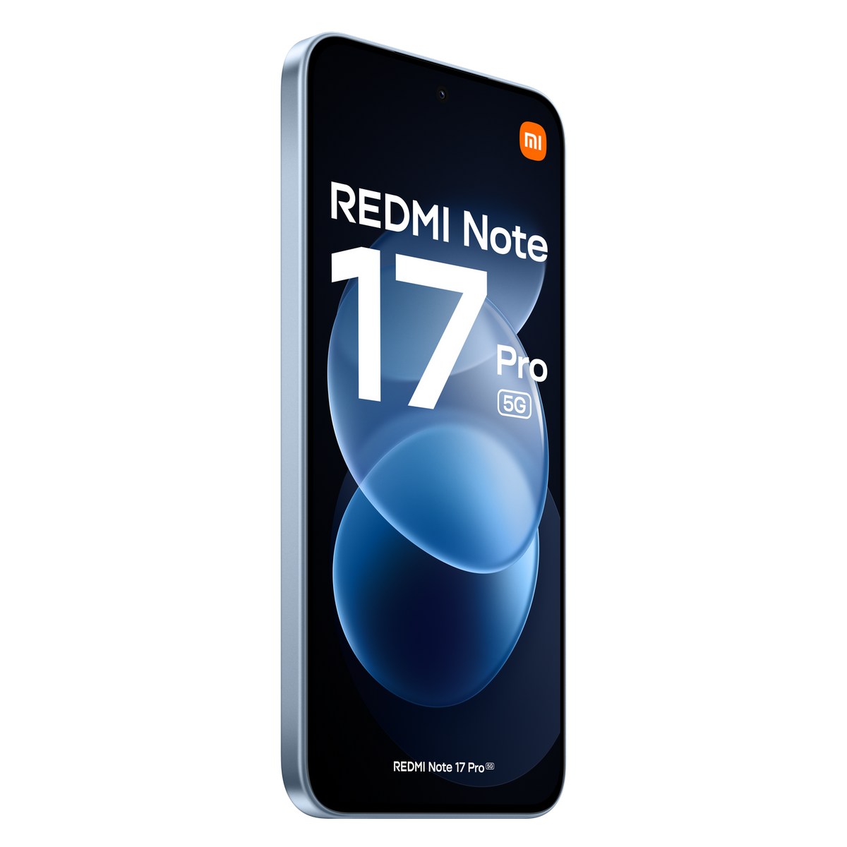 Ein hellblaues Smartphone zeigt 'REDMI Note 17 Pro 5G' auf dem Bildschirm vor schwarzem Hintergrund.