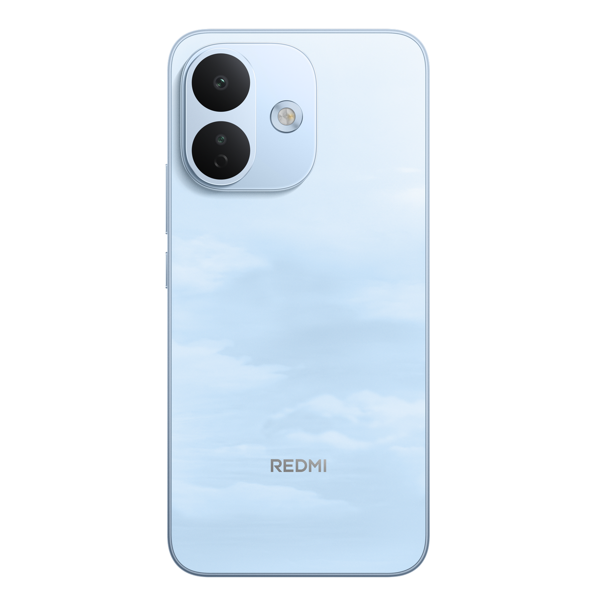Rückseite eines hellblauen Redmi-Smartphones mit zwei vertikalen Kameras oben links und dem Redmi-Logo unten.