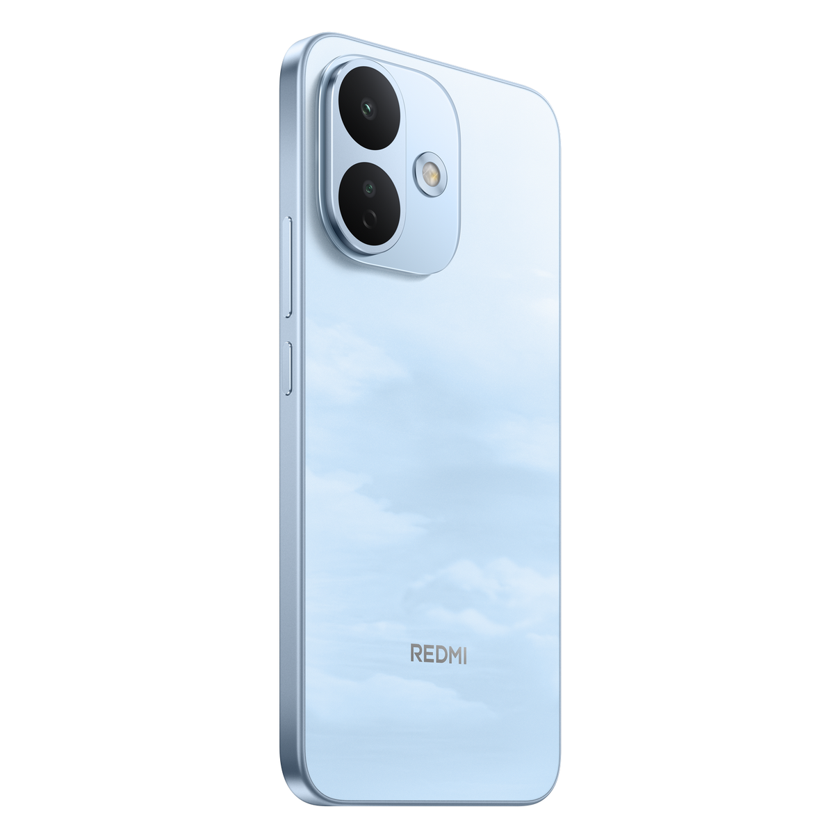 Rückseite eines hellblauen Redmi-Smartphones mit Dual-Kamera und Redmi-Logo vor schwarzem Hintergrund.