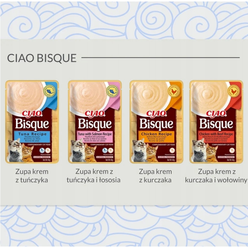 Cztery rodzaje saszetek z karmą dla kota Ciao Bisque o różnych smakach z kotami.