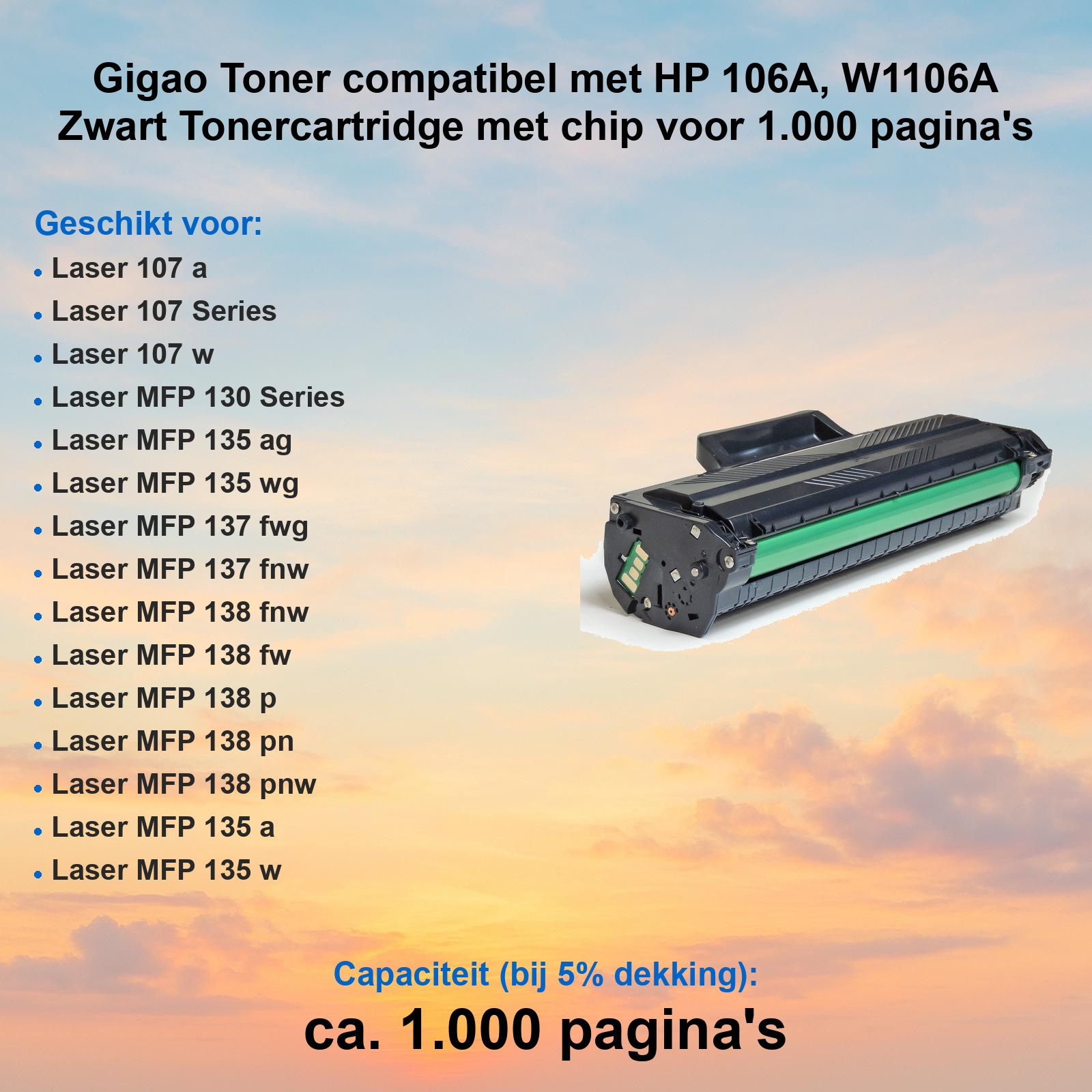 Schwarze Tonerkartusche mit grünem Drum-Roller vor einem Sonnenuntergangshintergrund und gedruckten Textdetails.