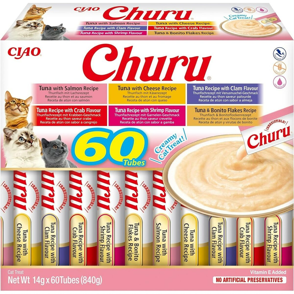 Pudełko przysmaków dla kotów CIAO Churu z 60 tubkami o różnych smakach tuńczyka i wizerunkami kotów.