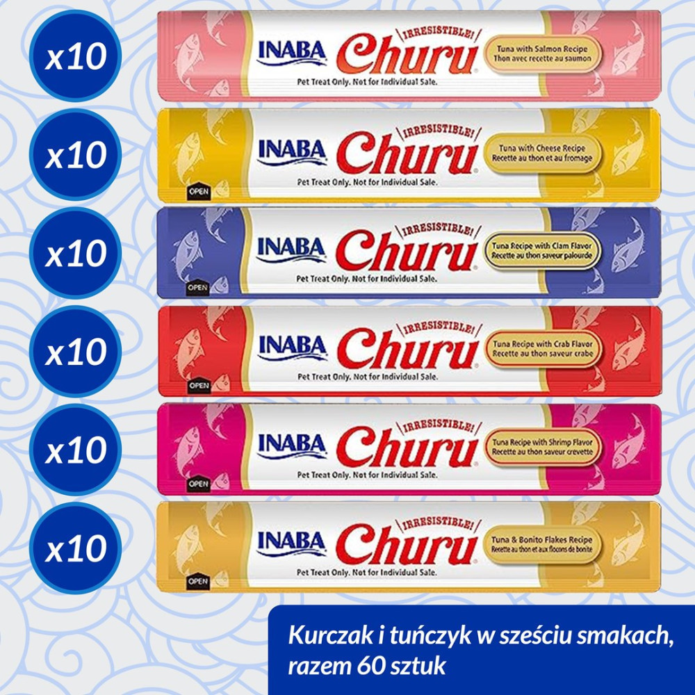 Sześć przysmaków dla kotów Inaba Churu w różnych smakach po dziesięć sztuk, łącznie 60 sztuk.