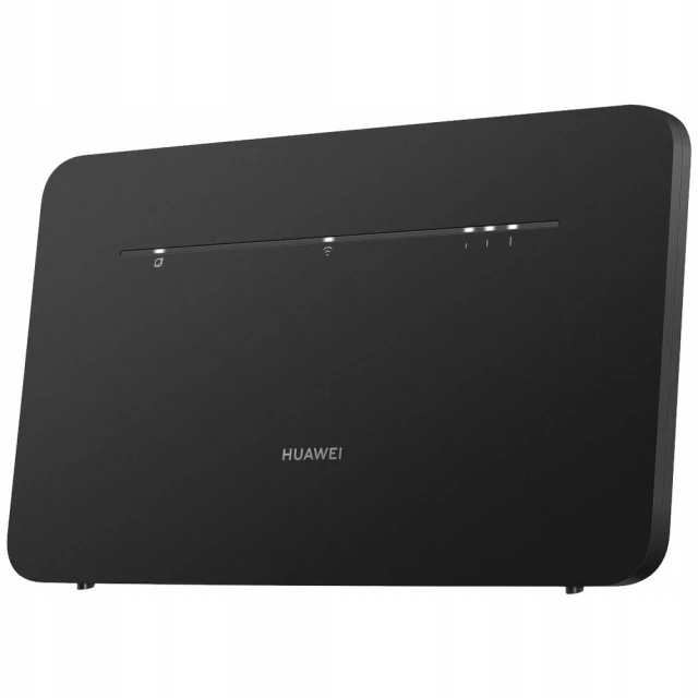 Ein schwarzer Huawei-Router mit LED-Leuchten auf weißem Hintergrund.