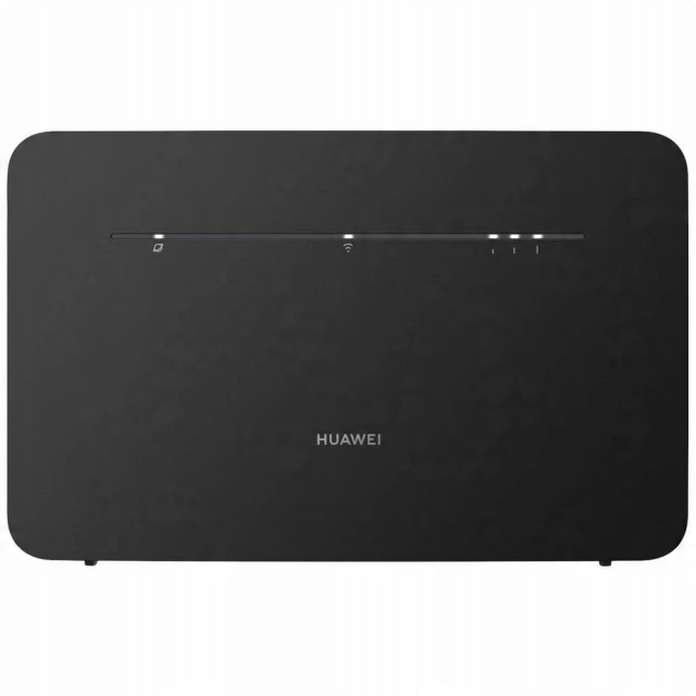 Ein schwarzer Huawei-Router mit abgerundeten Ecken, einer Statusleiste mit LEDs oben und dem Markennamen in der Mitte.