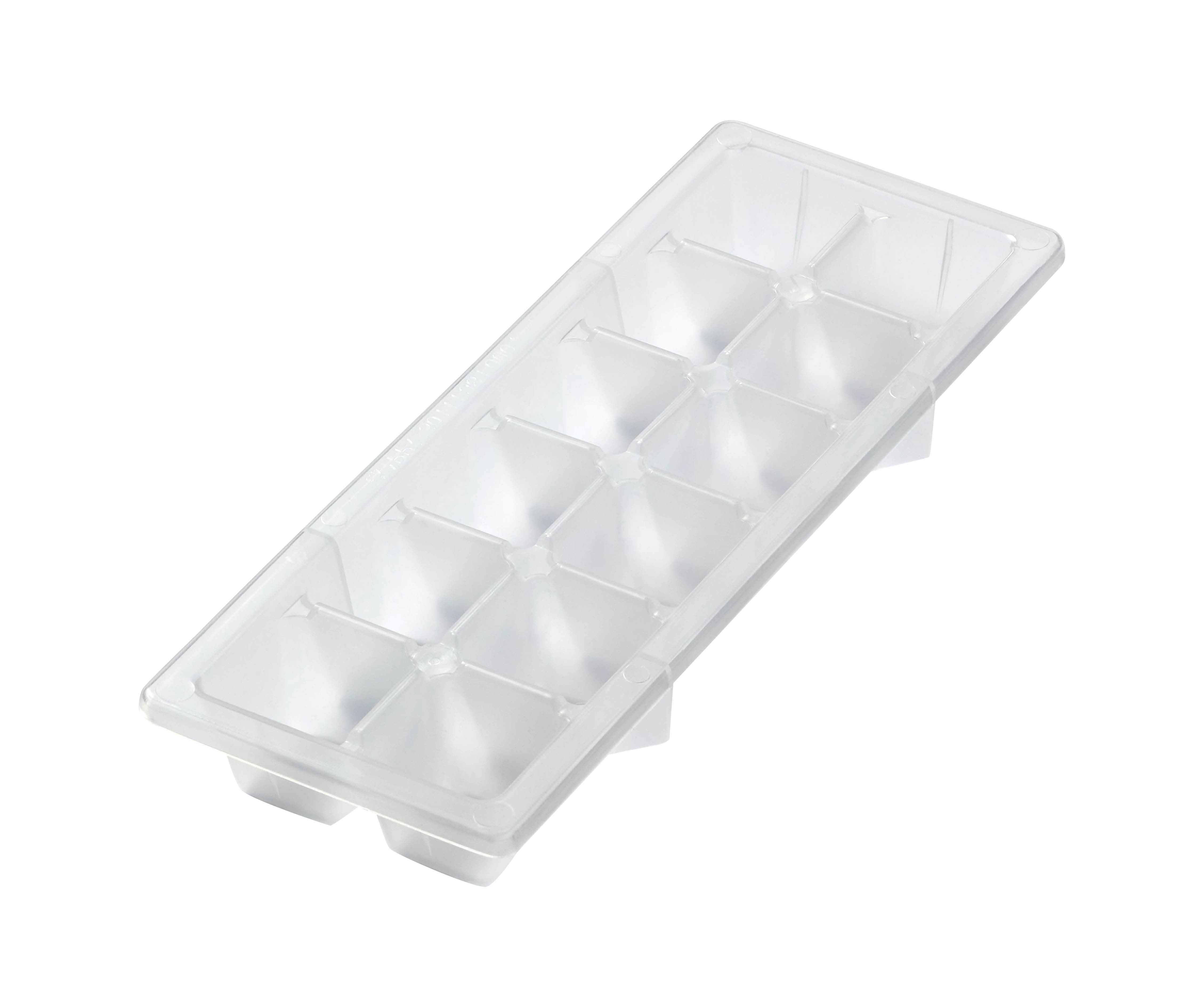 Eine leere, transparente Eiswürfelschale aus Plastik mit zehn Fächern auf einem weißen Hintergrund.