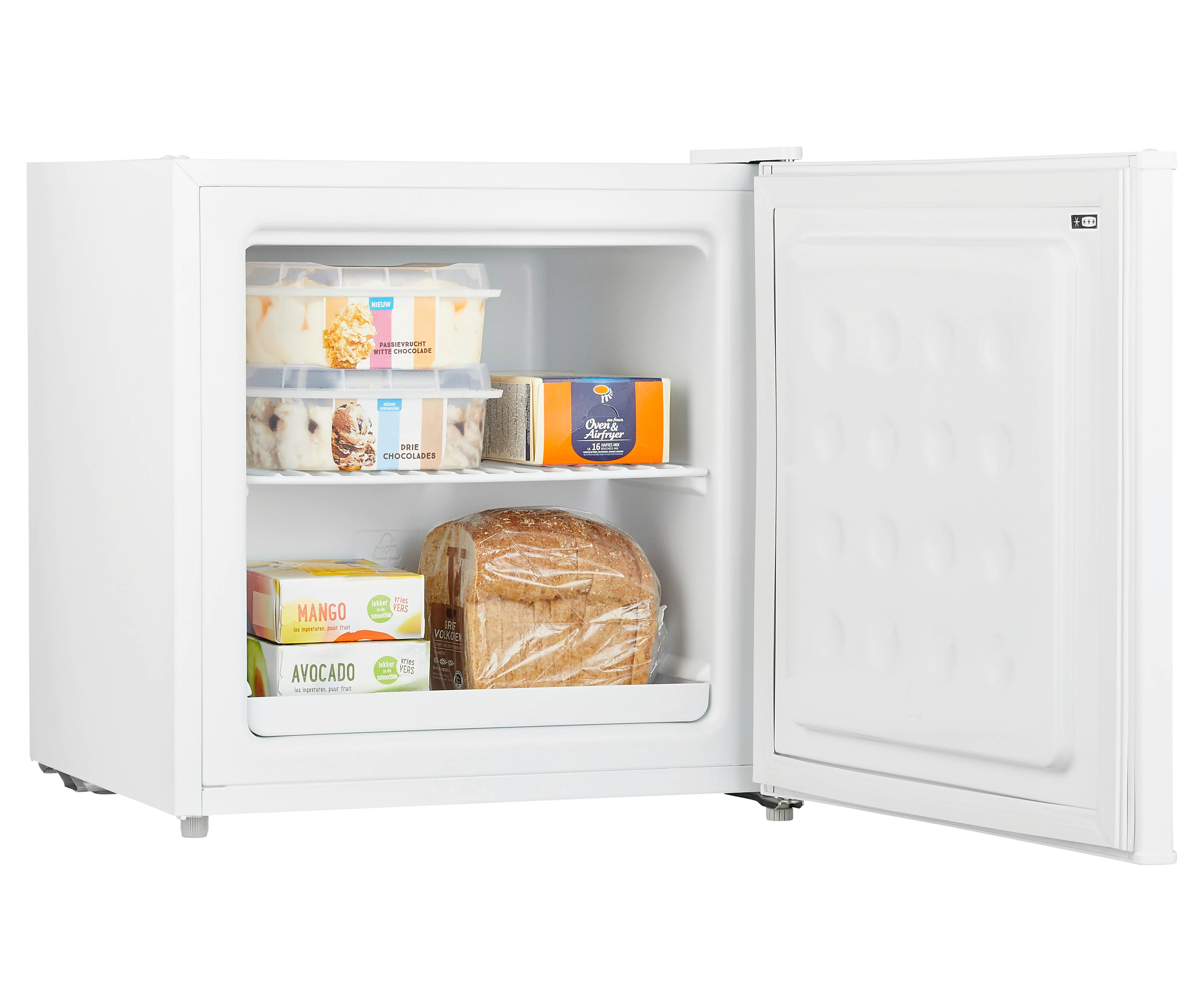 Kleiner weißer Tischgefrierschrank mit offener Tür, Eisbechern, einer Snackbox, gefrorenem Obst und Brot.