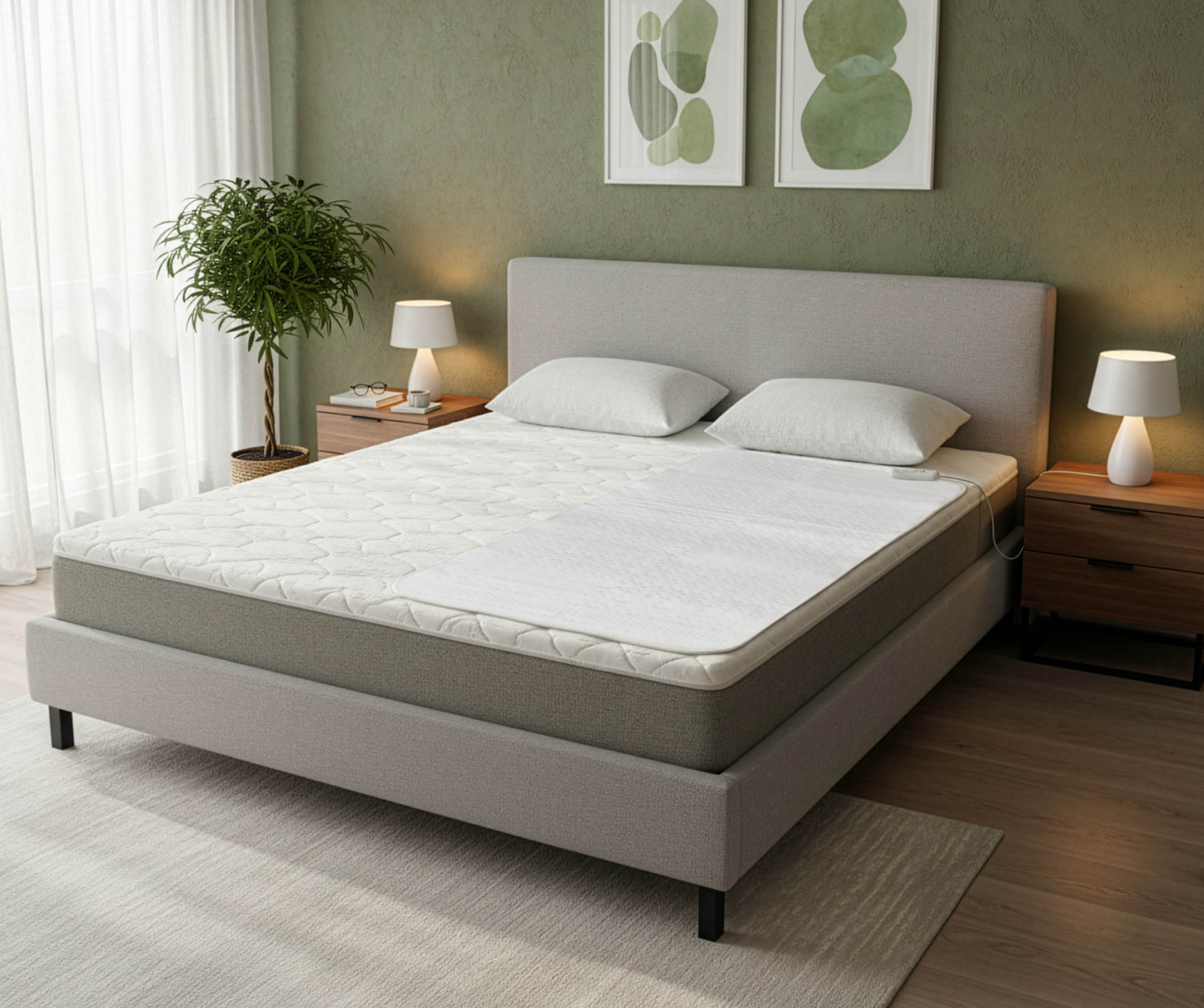 Gemütliches Schlafzimmer mit grauem Bett, Nachttischen, Lampen und grüner Wand.
