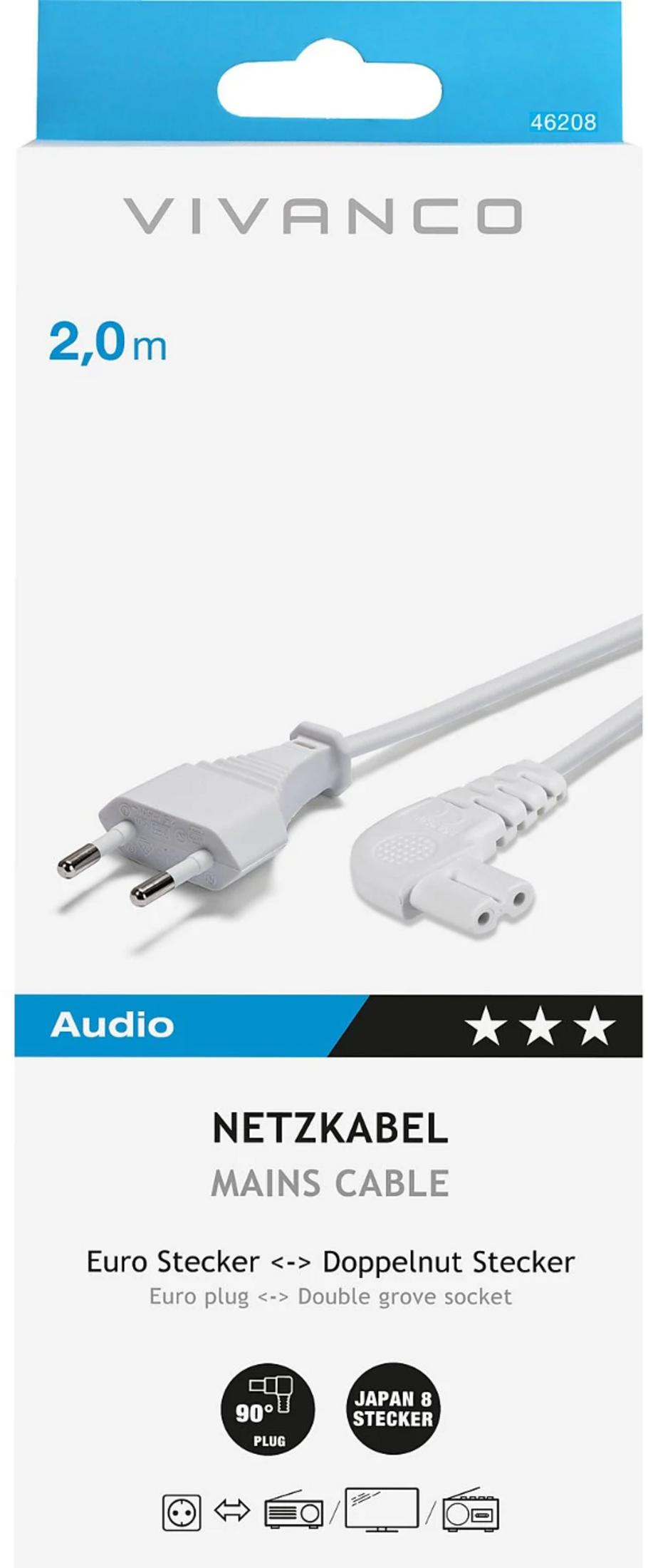 Cable de red Vivanco de 2,0 m en embalaje blanco con enchufe europeo y conector.